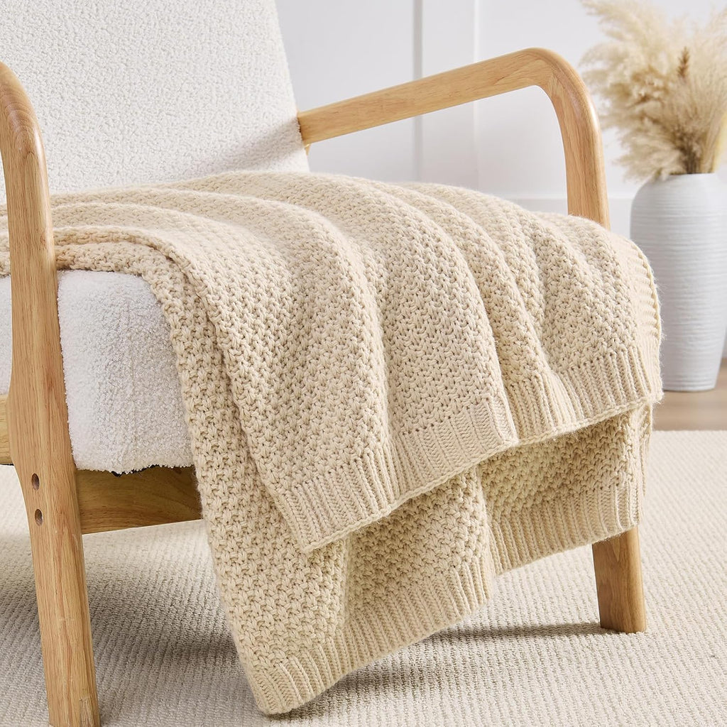 Ivory Beige Reversible Moss Cable Knit Throw Blanket 50"x60"