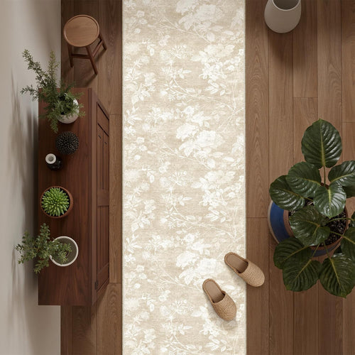 Beige Oriental Floral Washable Runner Rug 2x8