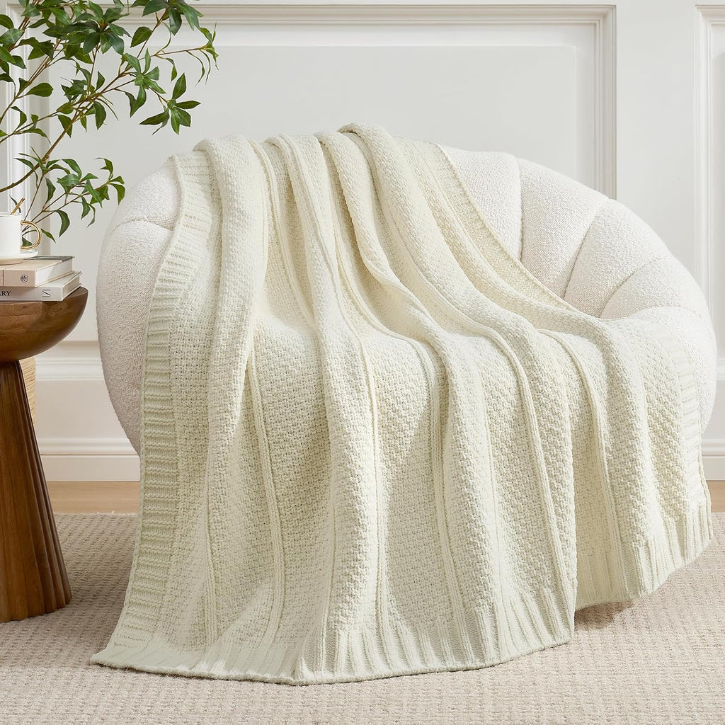 Cream Moss Stitch Chenille Knit Throw Blanket 50"x60"