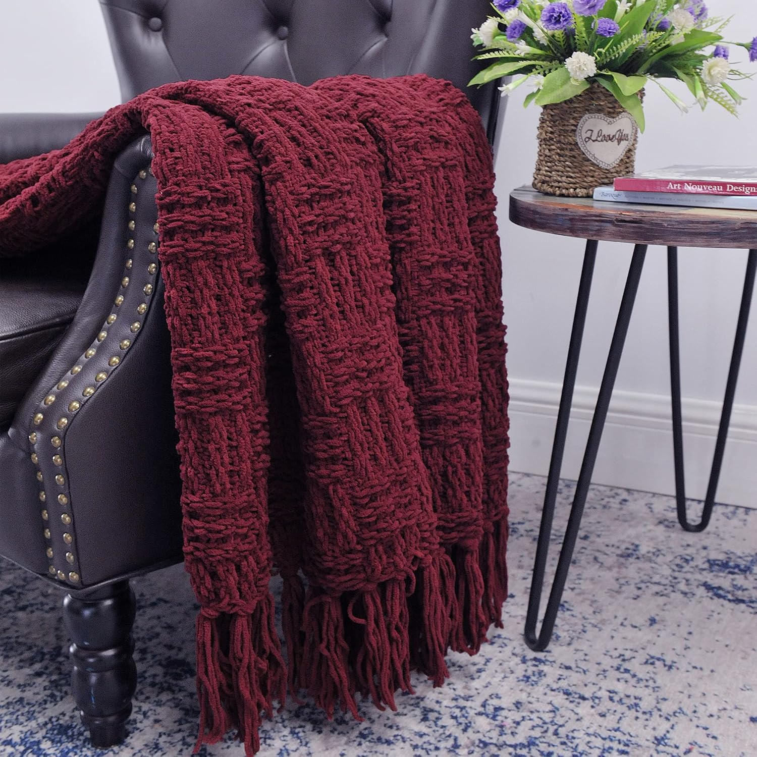Burgundy Tassel Cable Knit Throw Blanket 50"x60"