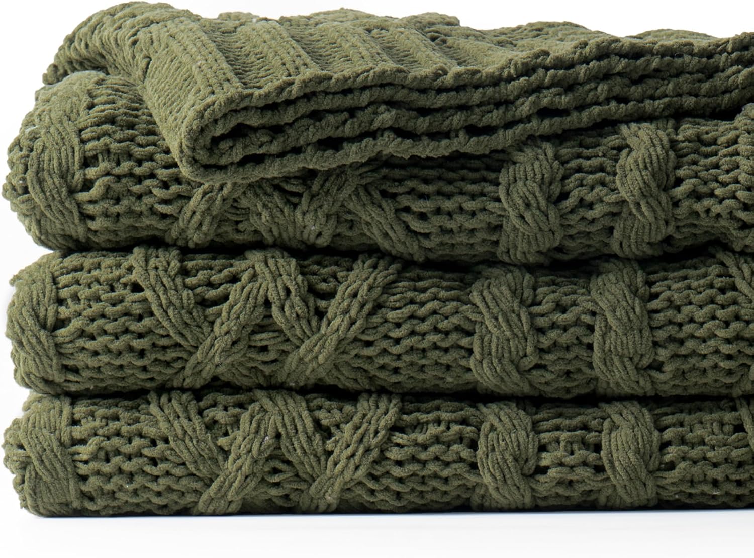 Olive Green Chunky Cable Knit Chenille Throw Blanket 51"x67"