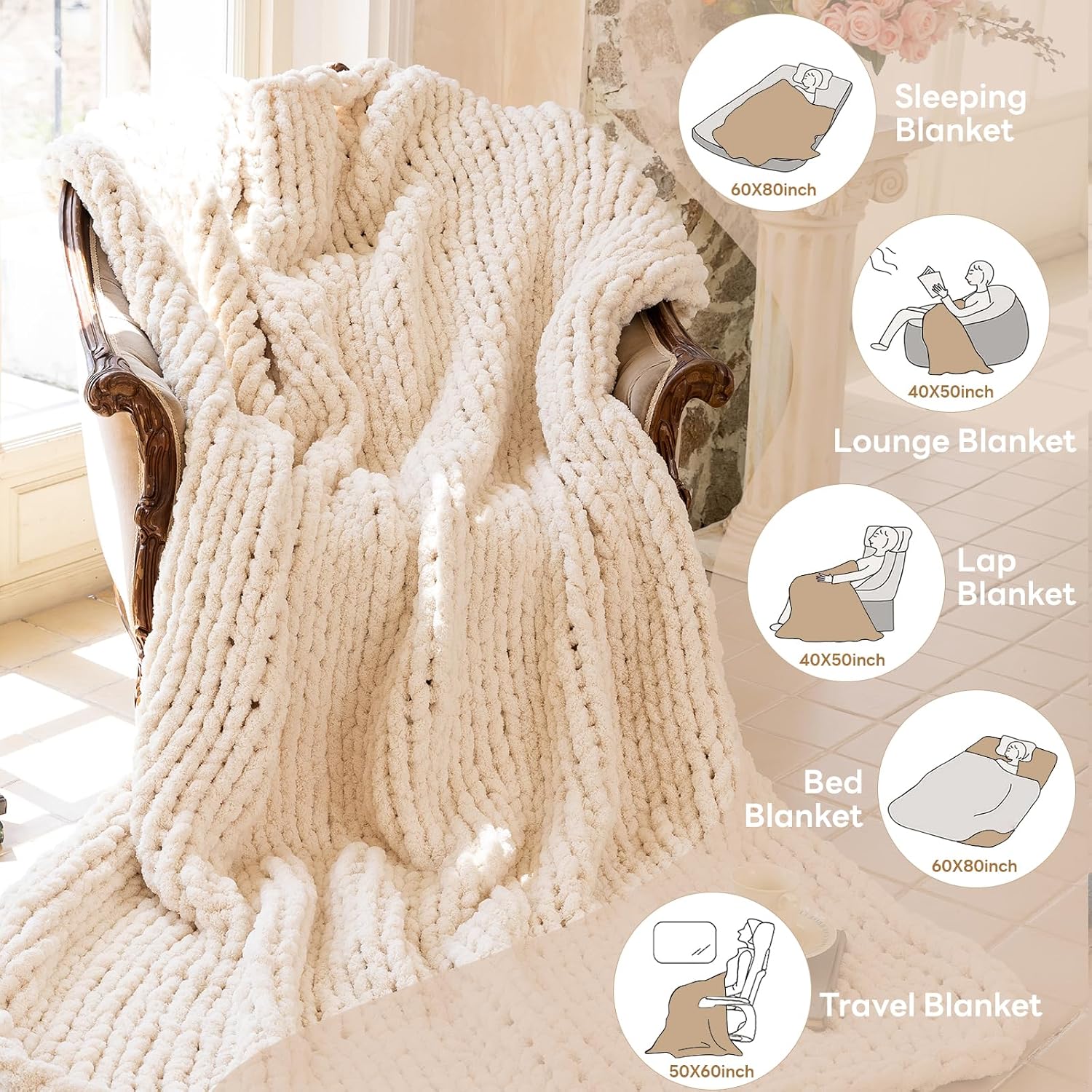 Cream Rope Knot Chunky Knit Throw Blanket 50"x60"