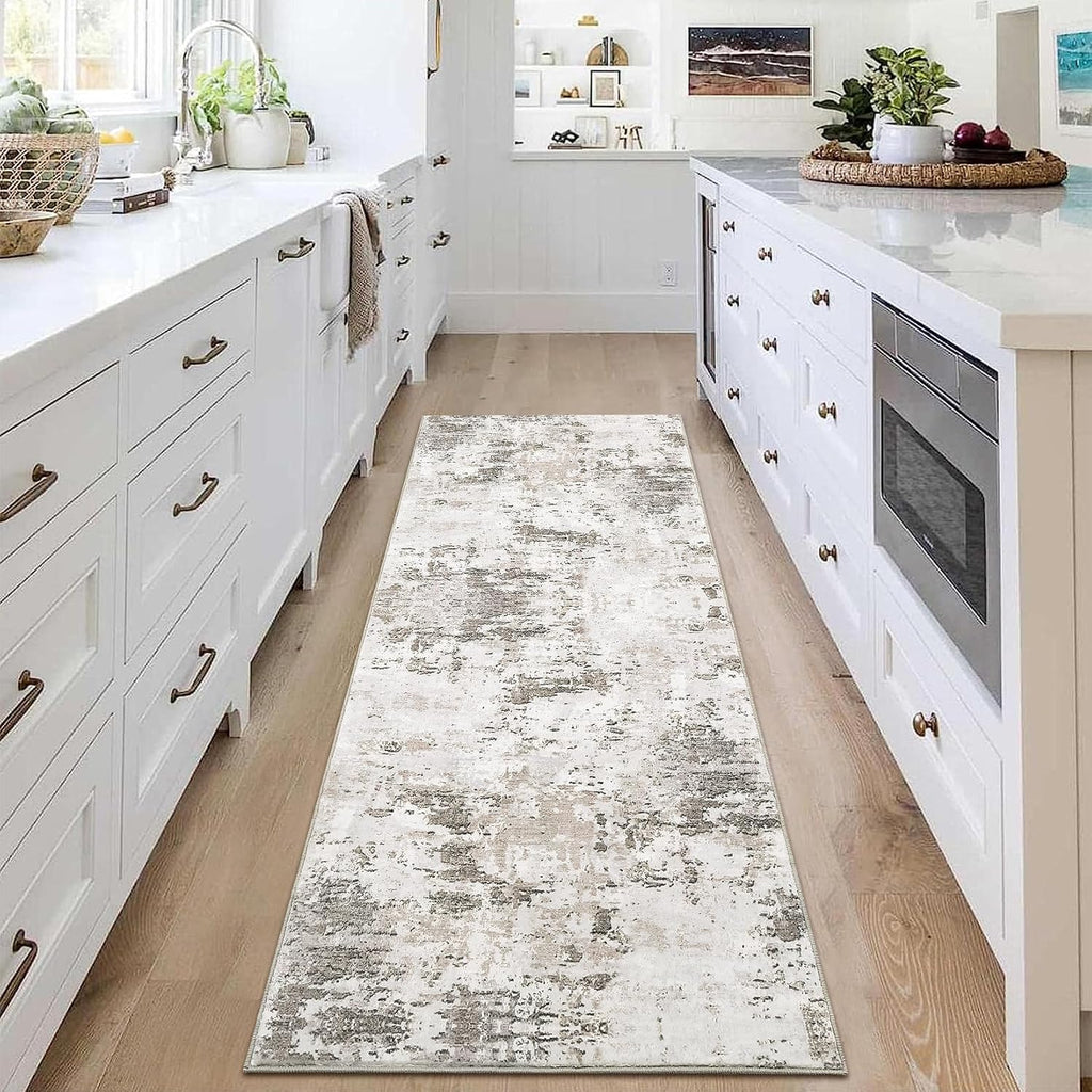 Taupe Beige Abstract Washable Runner Rug 2x6