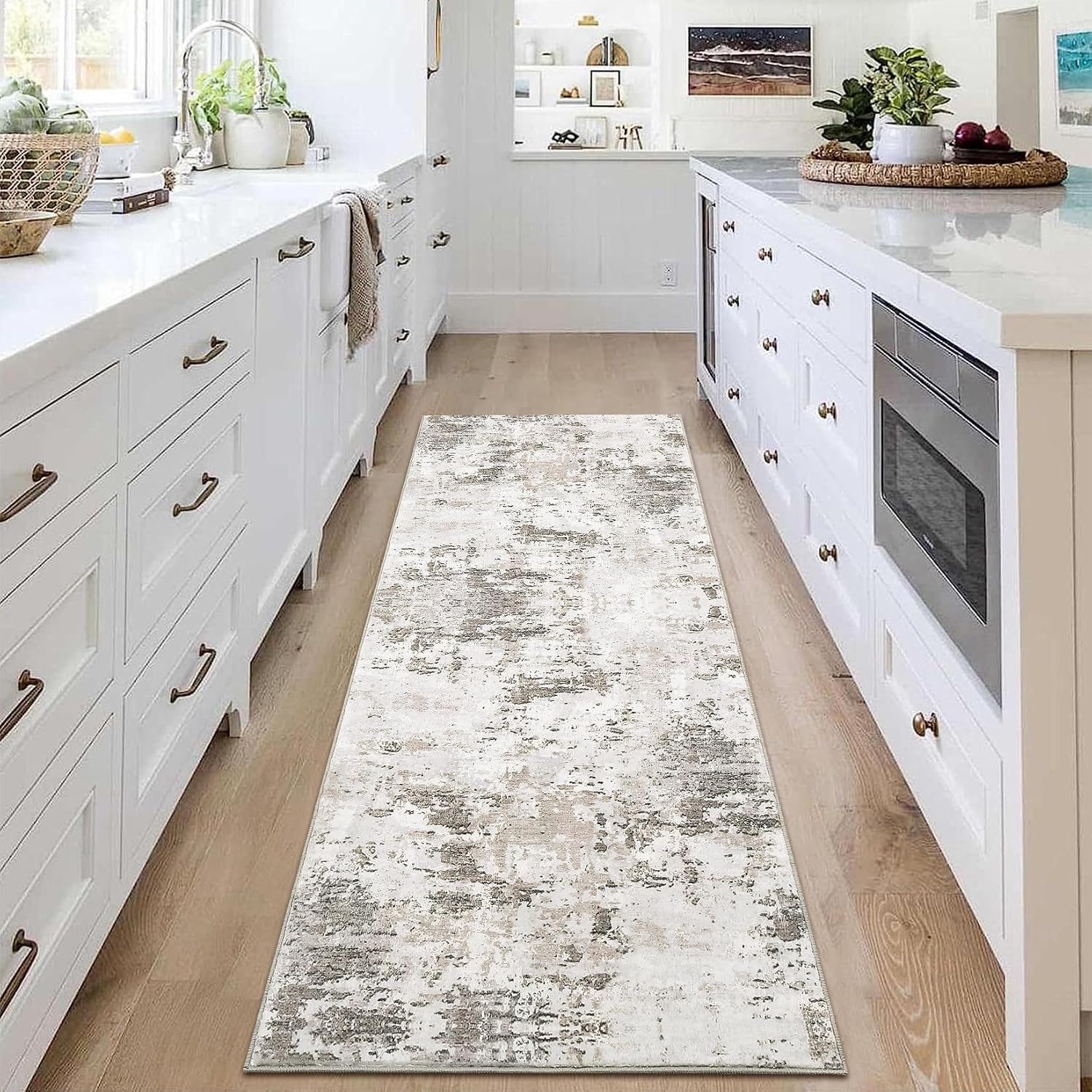 Taupe Beige Abstract Washable Runner Rug 2x6
