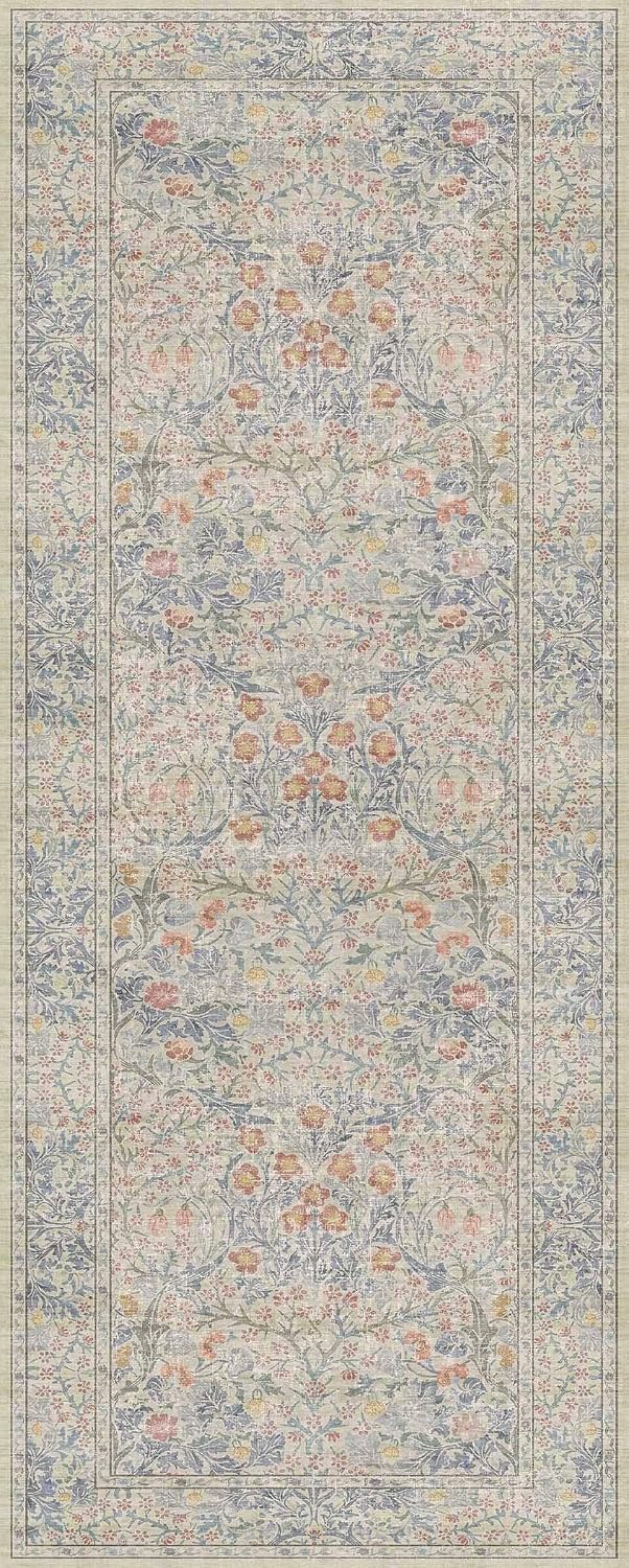 Beige Blue Vintage Washable Bath Runner Rug 2x5