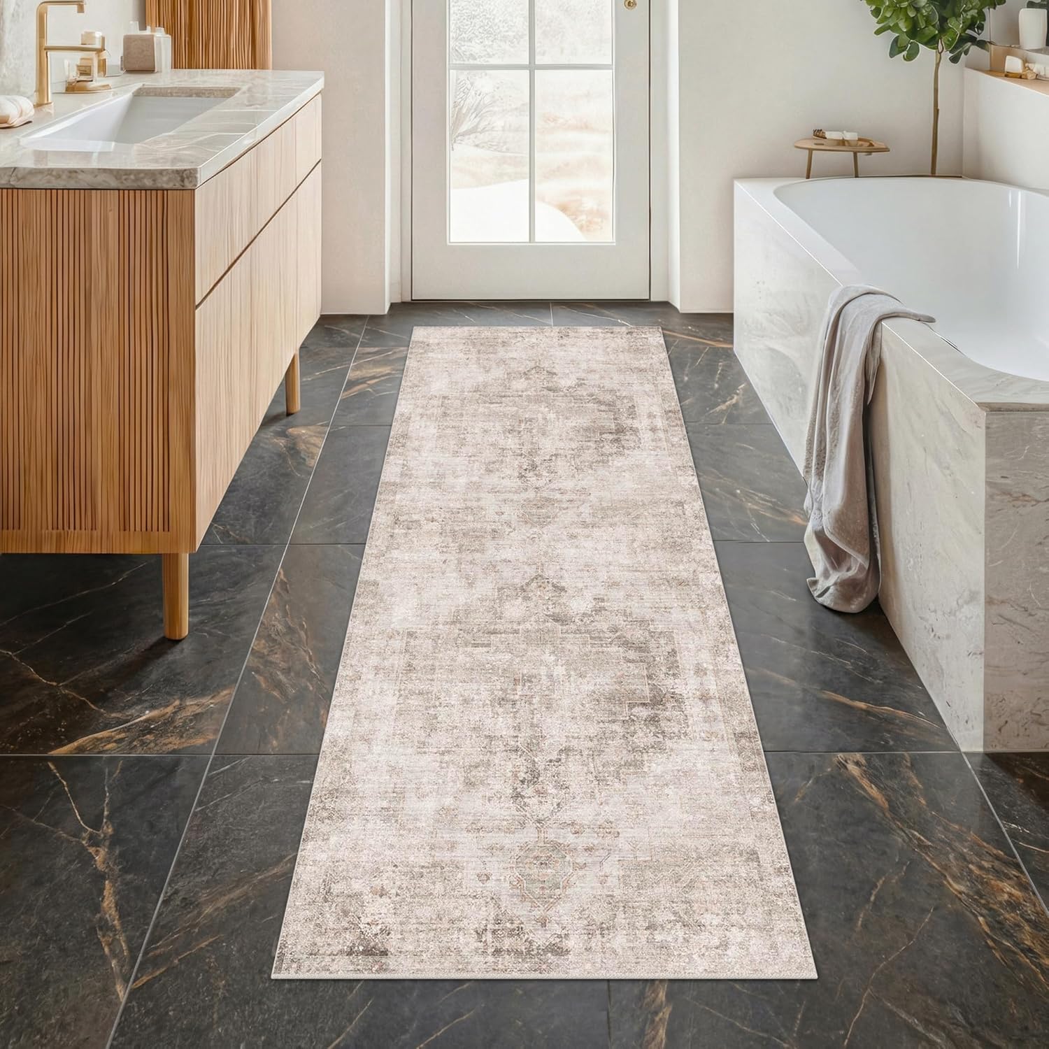 Beige Farmhouse Washable Runner Rug 2x6