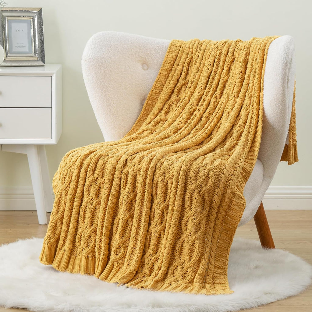Mustard Yellow Chenille Knit Throw Blanket 51"x67"