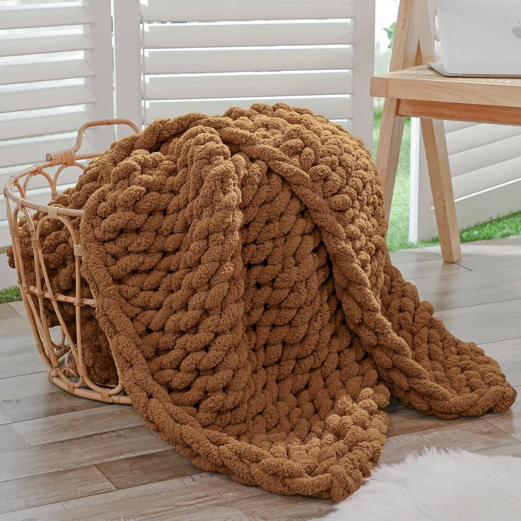 Caramel Hand Knit Chenille Throw Blanket