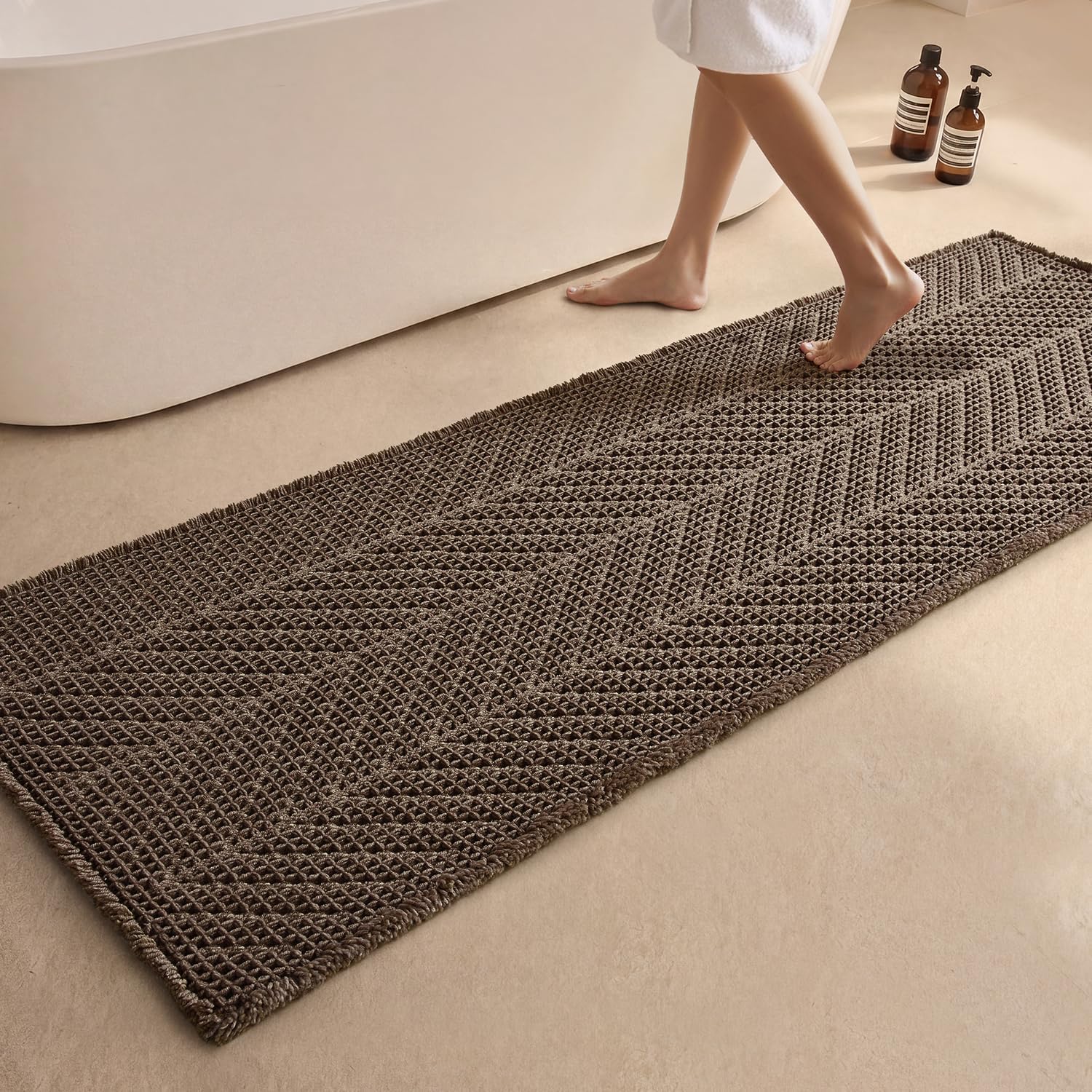 Taupe Waffle Boho Bath Runner Rug 24"x72"