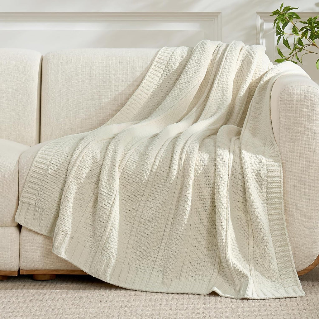 Cream Moss Stitch Chenille Knit Throw Blanket 50"x60"