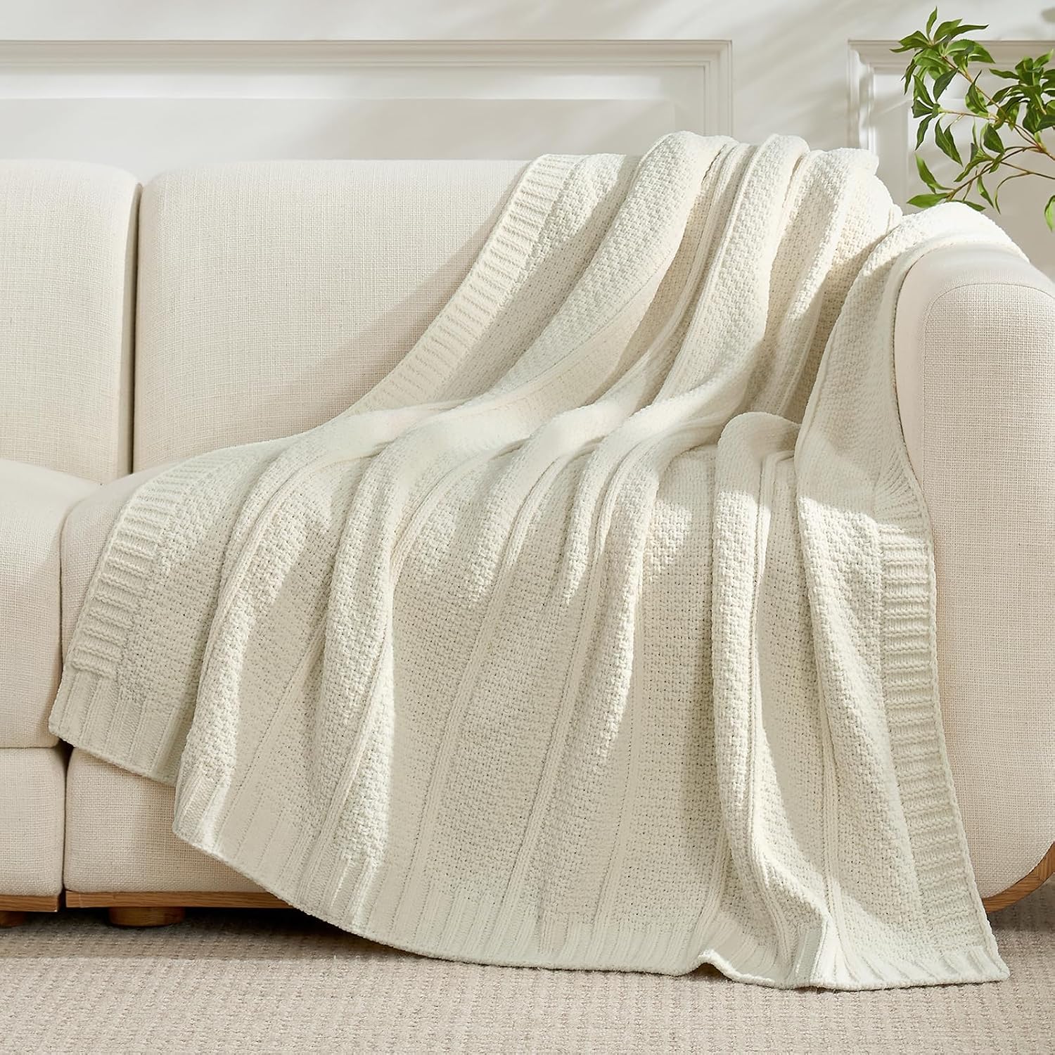 Cream Moss Stitch Chenille Knit Throw Blanket 50"x60"