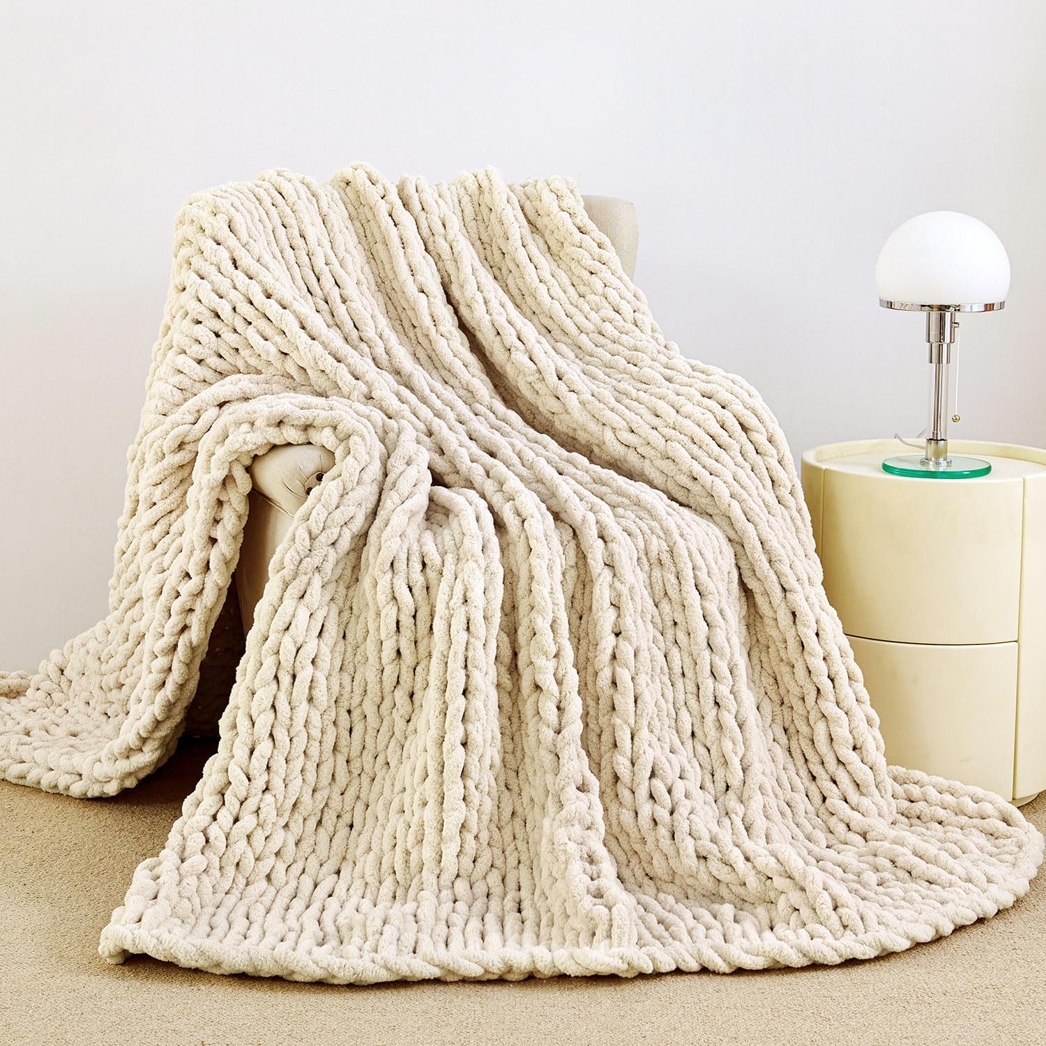 Ivory Hand Knit Chenille Chunky Throw Blanket 40"x50"