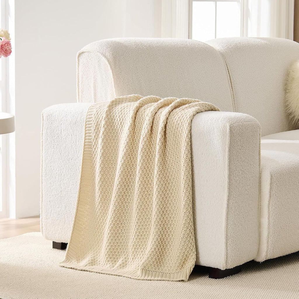 Ivory Beige Reversible Moss Cable Knit Throw Blanket 50"x60"
