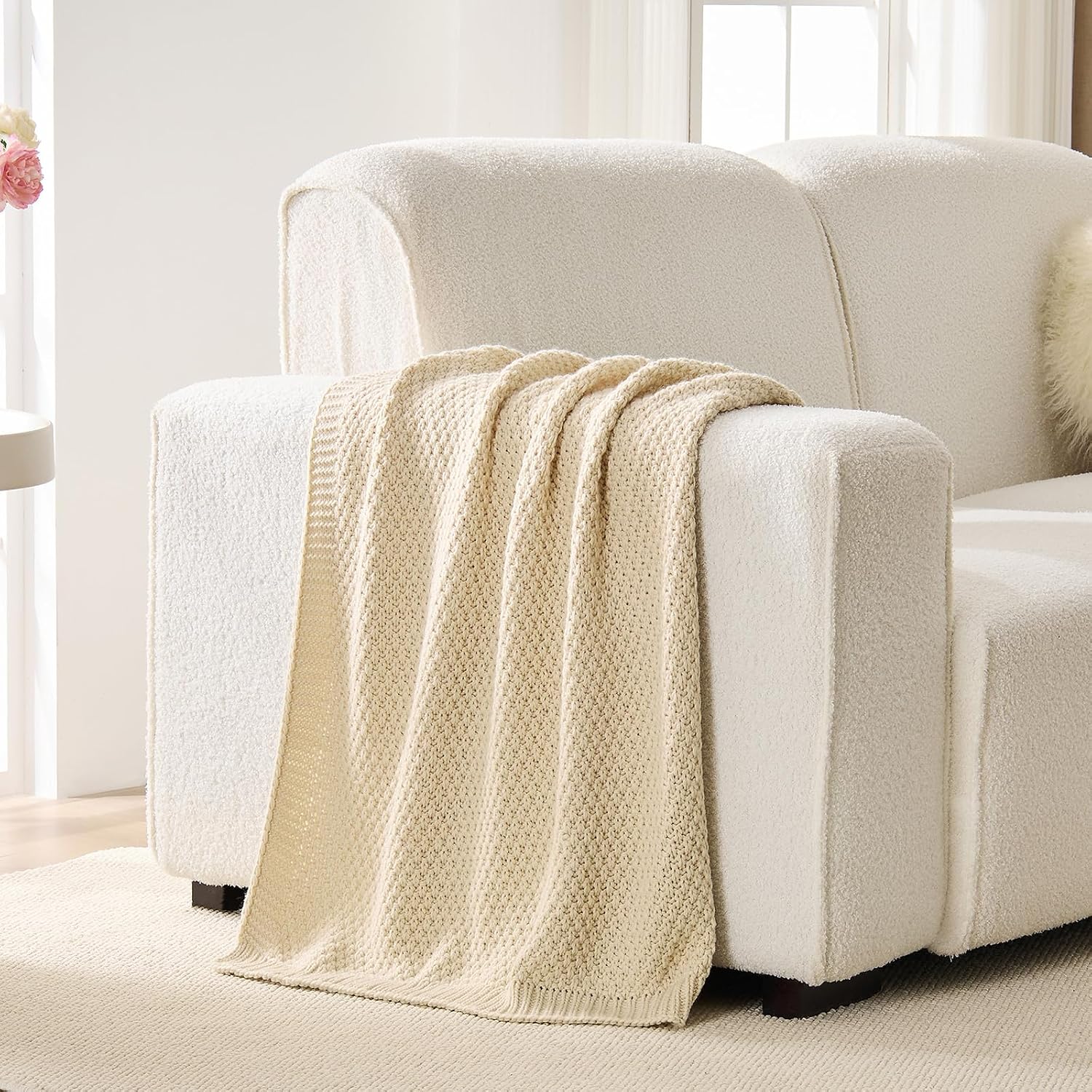 Ivory Beige Reversible Moss Cable Knit Throw Blanket 50"x60"