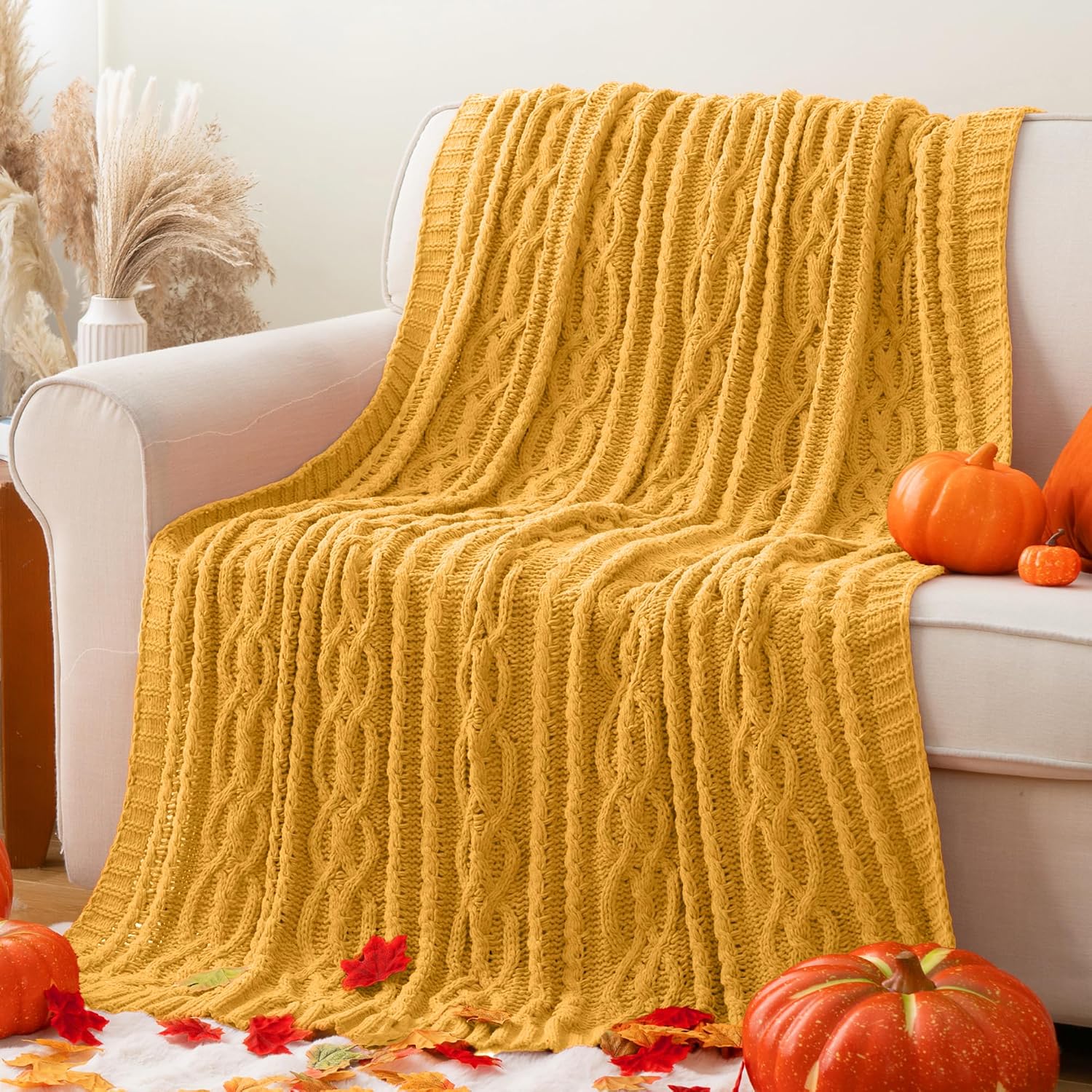 Mustard Yellow Chenille Knit Throw Blanket 51"x67"
