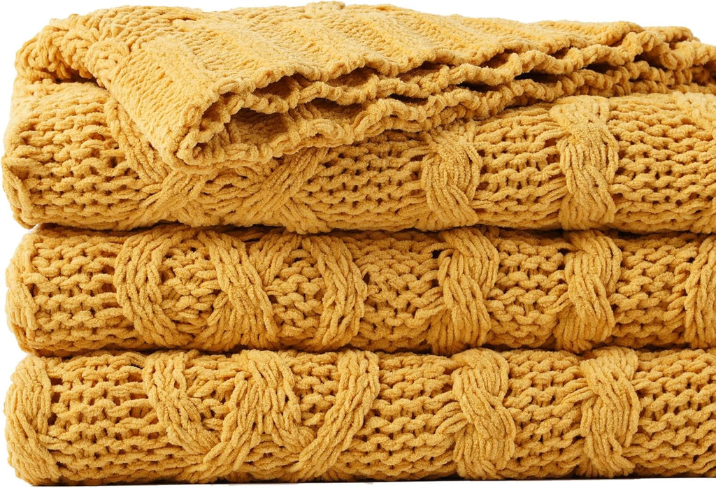 Mustard Yellow Chenille Knit Throw Blanket 51"x67"