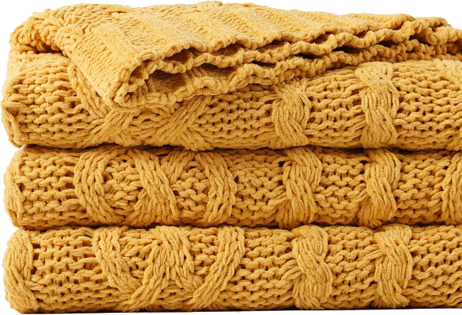 Mustard Yellow Chenille Knit Throw Blanket 51"x67"