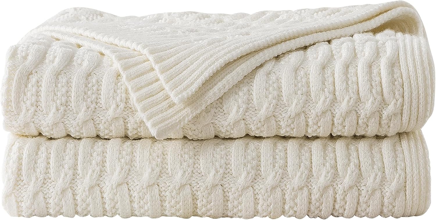 Cream Jacquard Cable Knit Throw Blanket 50x60 Inches