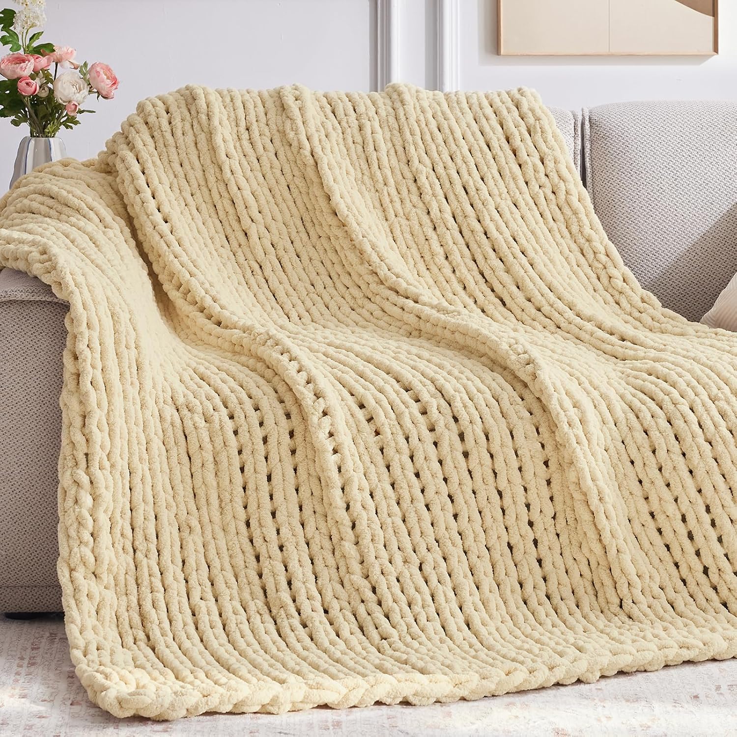 Oatmeal Hand Crochet Chunky Chenille Throw Blanket 30"x40"