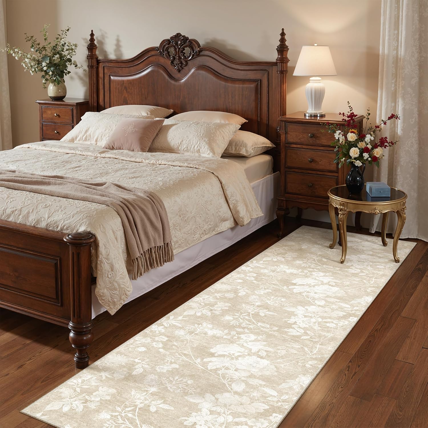 Beige Oriental Floral Washable Runner Rug 2x8
