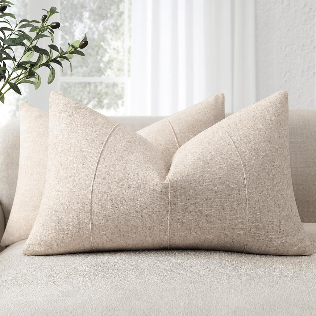 Natural Beige Striped Linen Pillow Covers 12x20 Set of 2