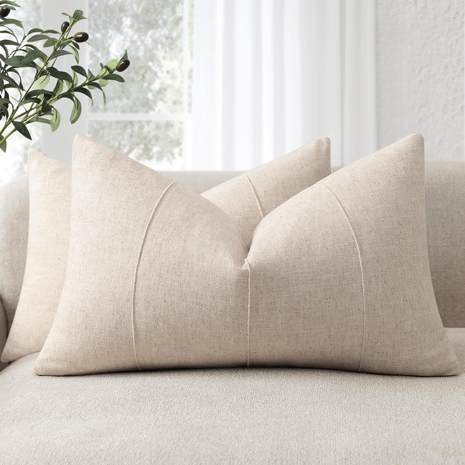 Natural Beige Striped Linen Pillow Covers 12x20 Set of 2