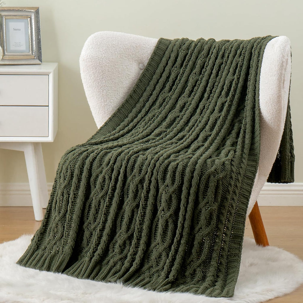 Olive Green Chunky Cable Knit Chenille Throw Blanket 51"x67"