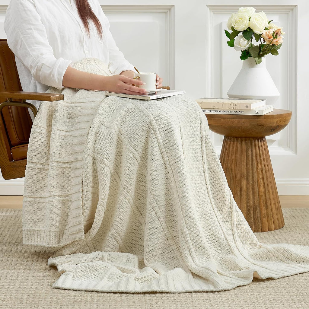 Cream Moss Stitch Chenille Knit Throw Blanket 50"x60"