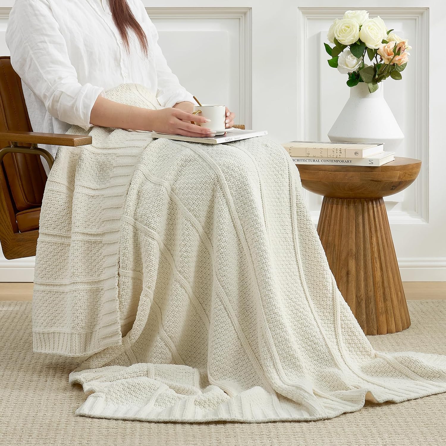 Cream Moss Stitch Chenille Knit Throw Blanket 50"x60"