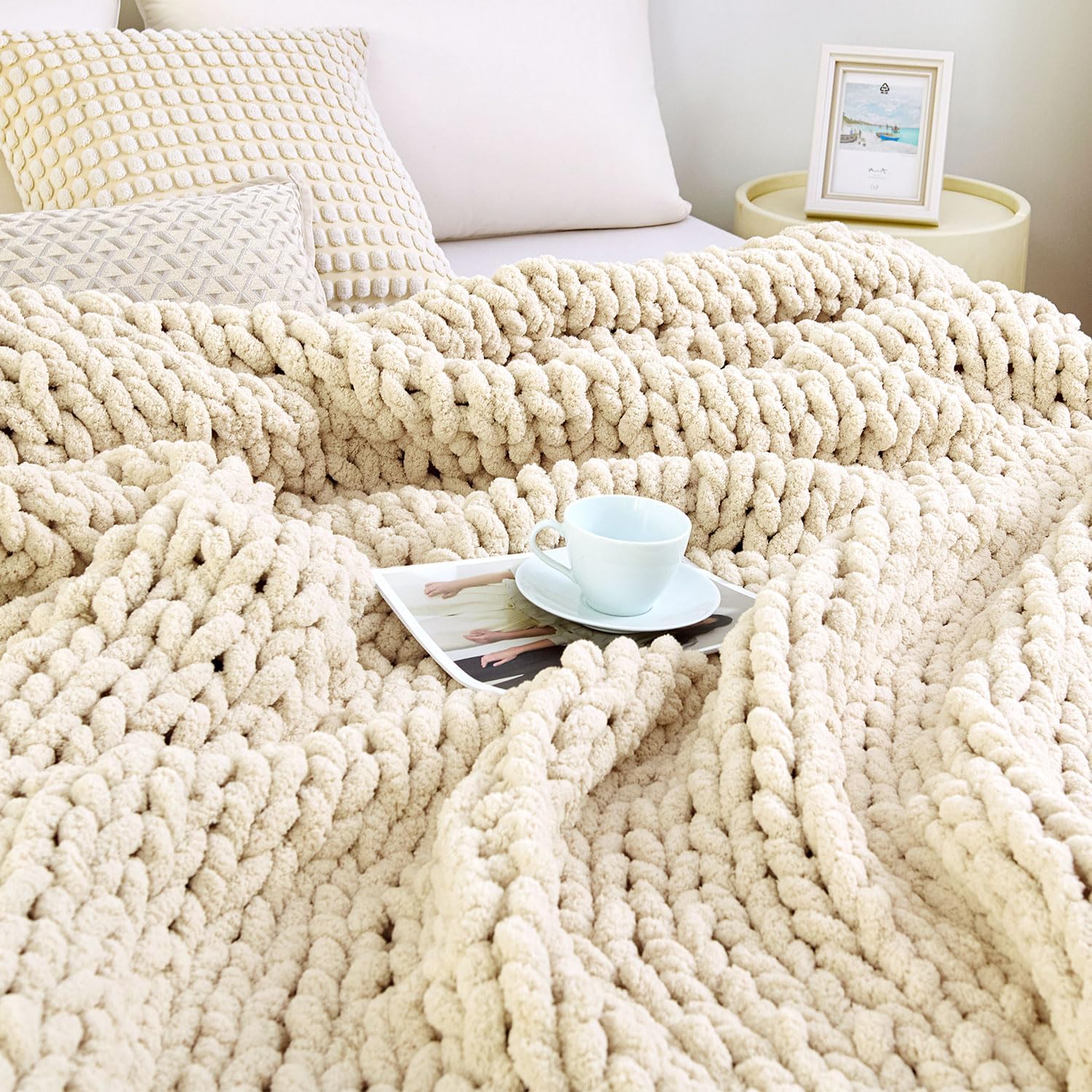 Ivory Hand Knit Chenille Chunky Throw Blanket 40"x50"