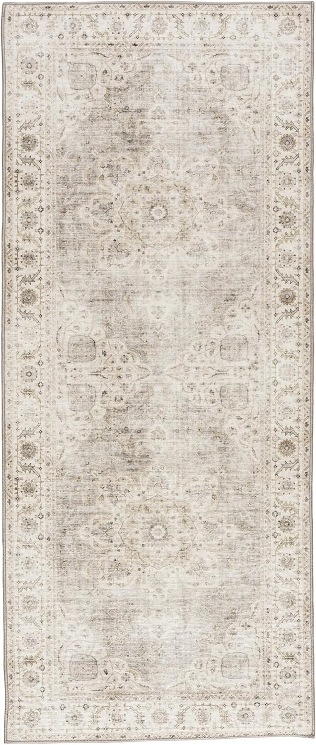 Beige Ivory Boho Washable Runner Rug 2'6"x6'