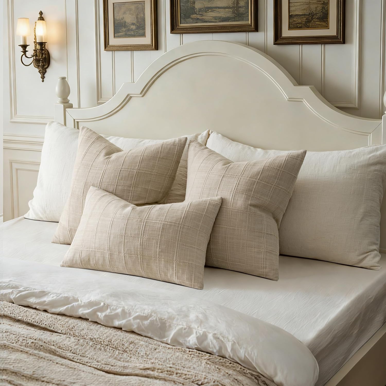 Natural Plaid Linen Cotton Pillow Covers 12x20 Set of 2