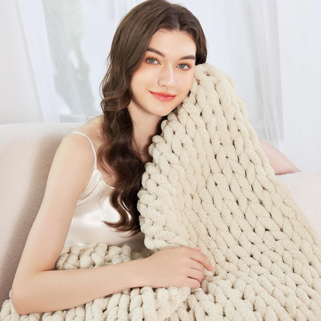 Ivory Hand Knit Chenille Chunky Throw Blanket 40"x50"