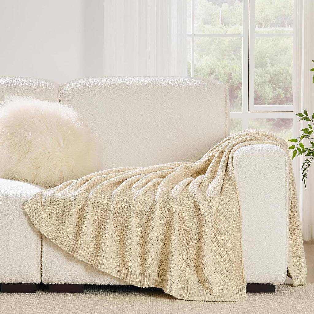 Ivory Beige Reversible Moss Cable Knit Throw Blanket 50"x60"