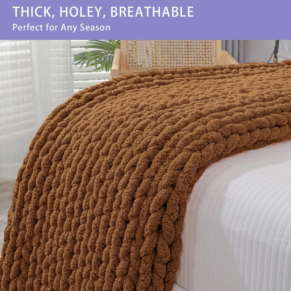 Caramel Hand Knit Chenille Throw Blanket