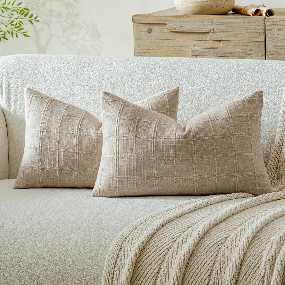 Natural Plaid Linen Cotton Pillow Covers 12x20 Set of 2