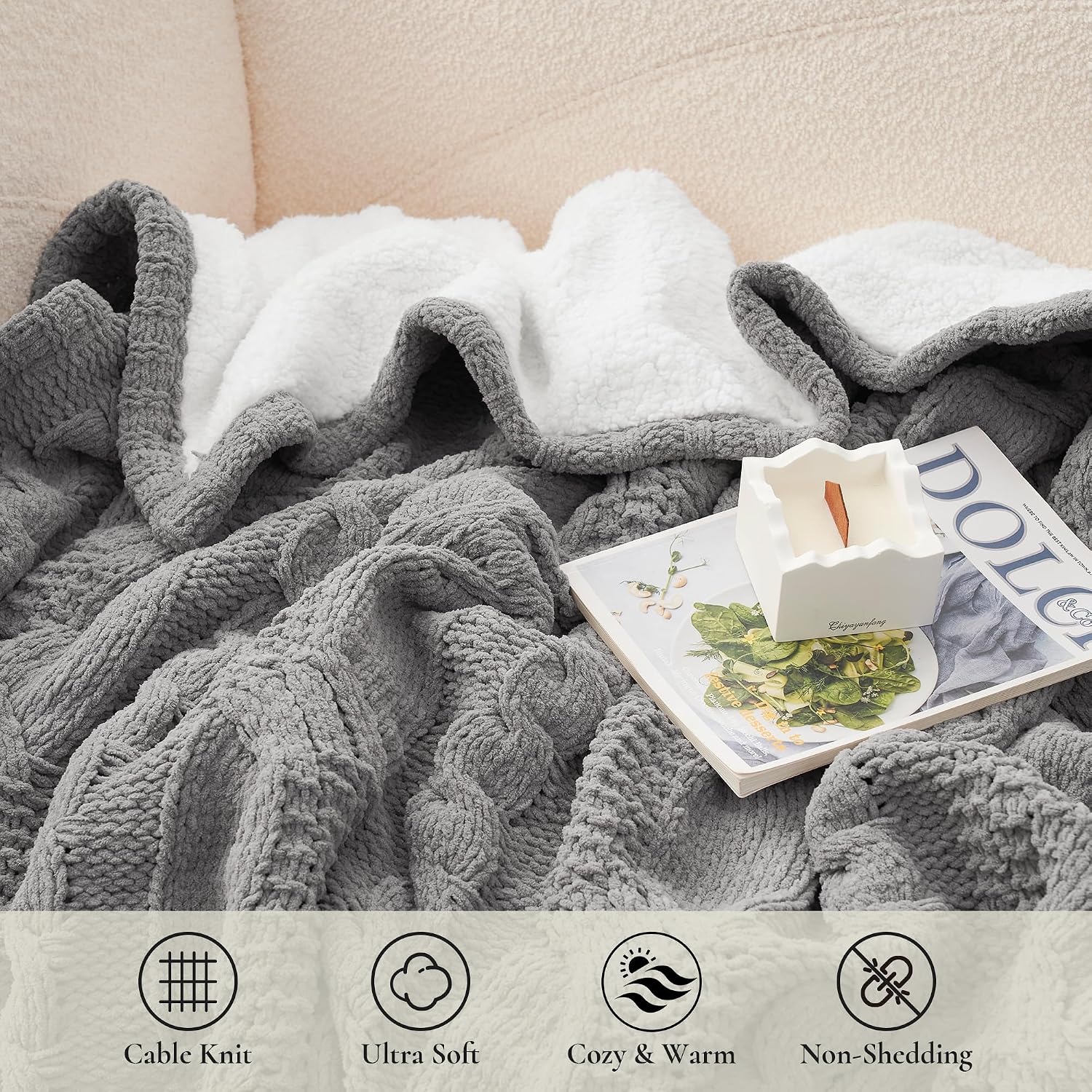 Gray Chenille Sherpa Cable Knit Throw Blanket 50"x60"