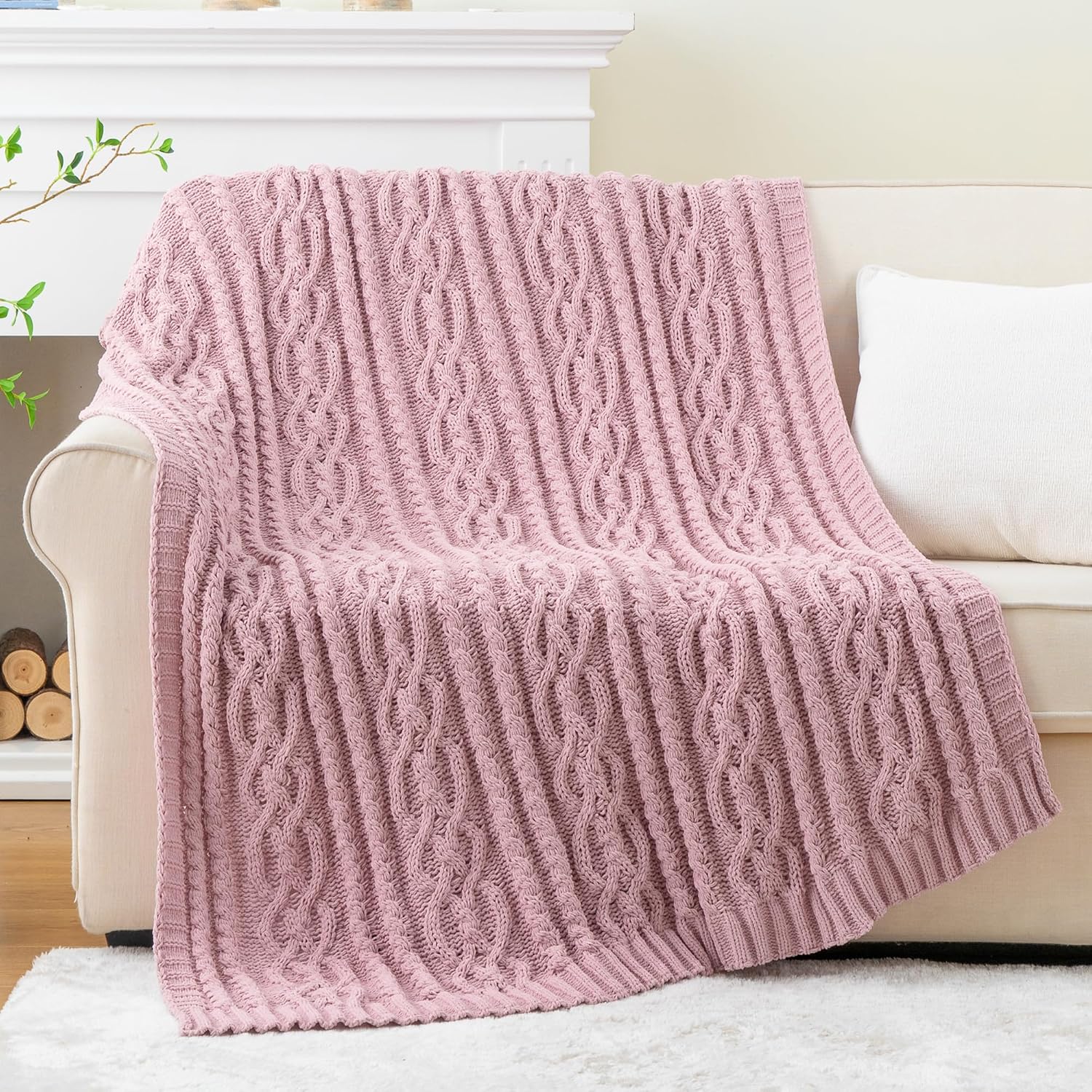 Blush Cable Knit Chenille Throw Blanket 51"x67"