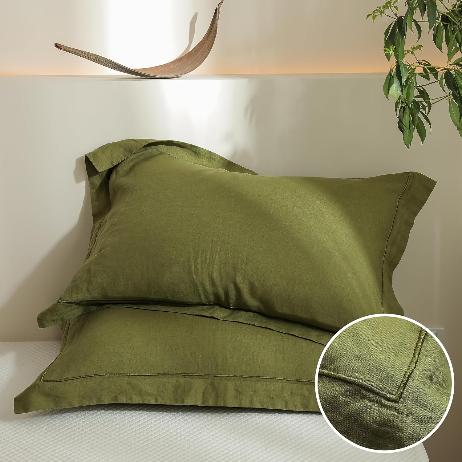 Olive Embroidered Linen Pillowcases 2 Pack 20"x36"