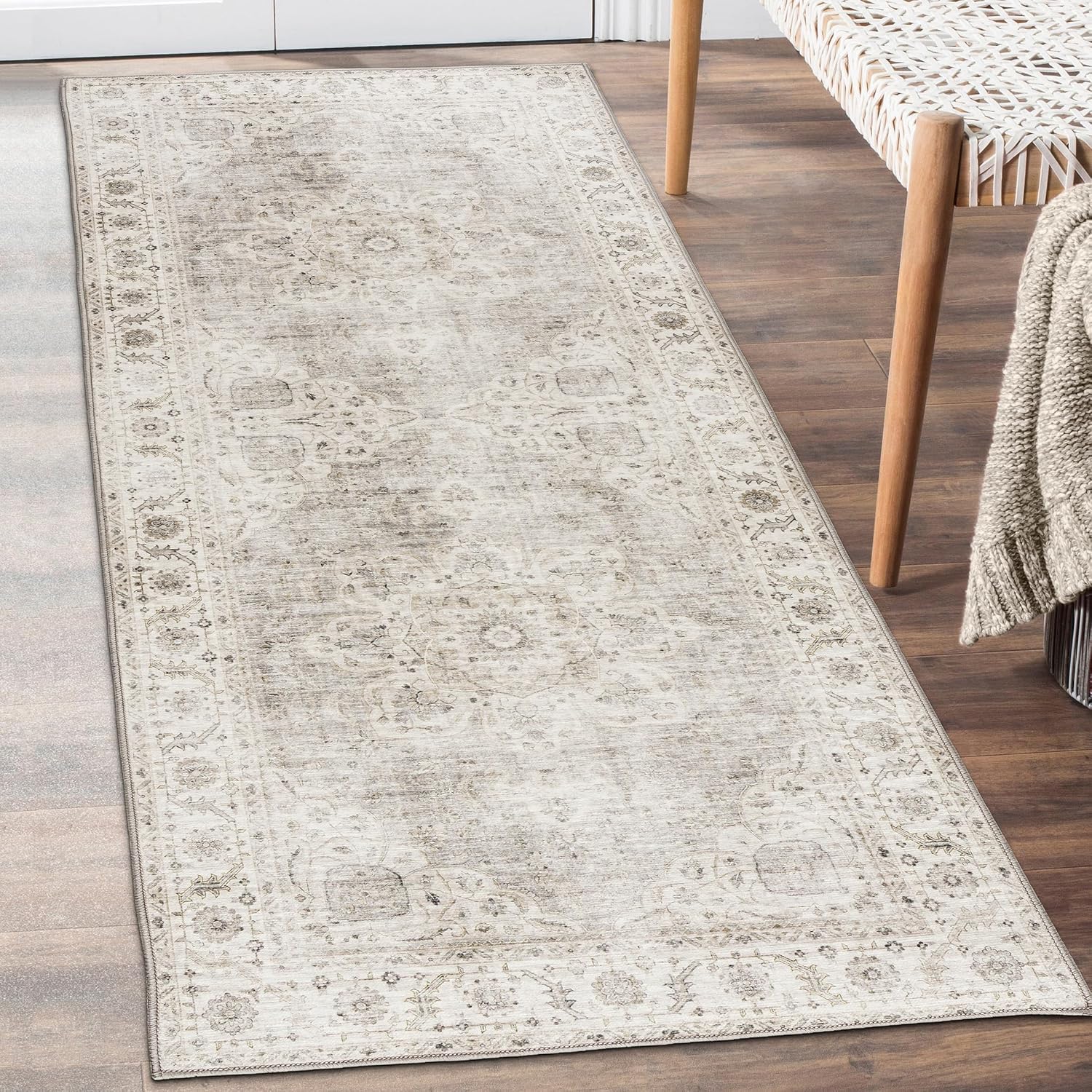 Beige Ivory Boho Washable Runner Rug 2'6"x6'