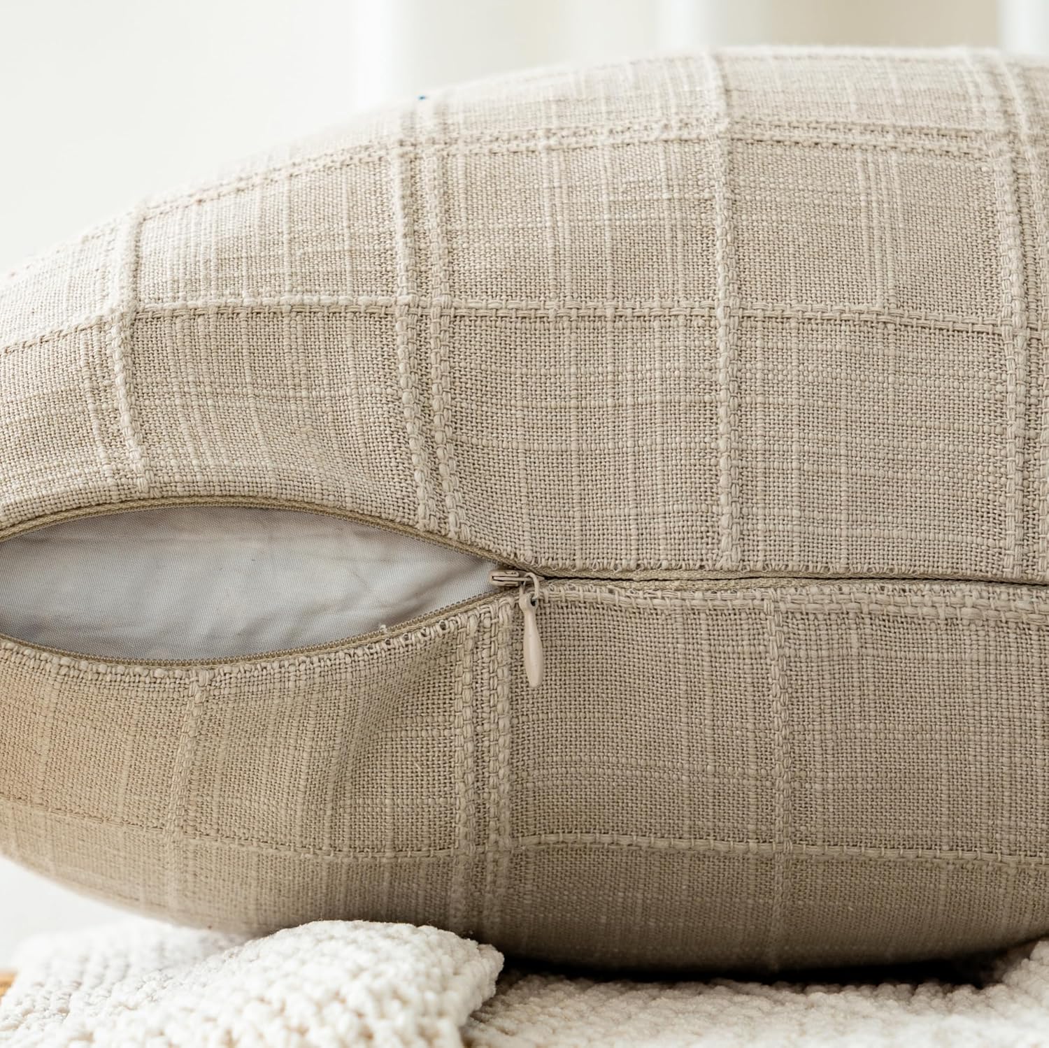 Natural Plaid Linen Cotton Pillow Covers 12x20 Set of 2