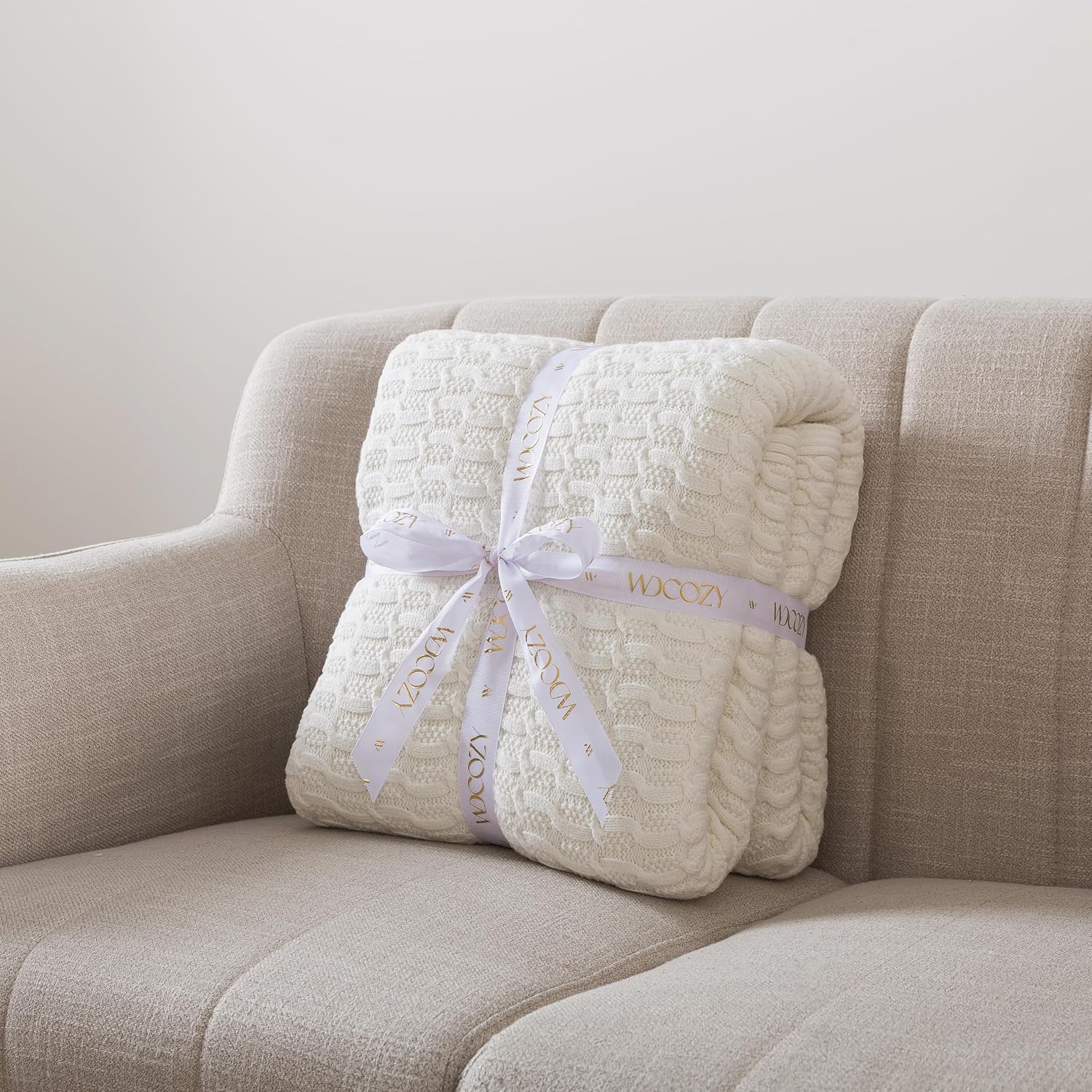 Cream Jacquard Cable Knit Throw Blanket 50x60 Inches