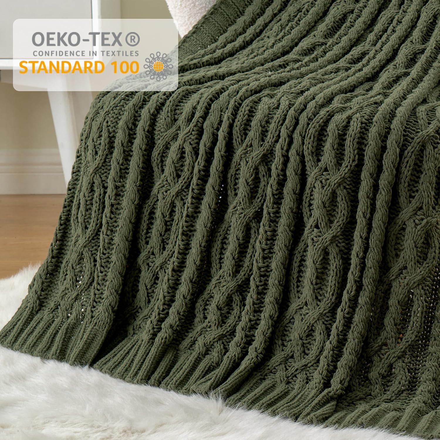 Olive Green Chunky Cable Knit Chenille Throw Blanket 51"x67"