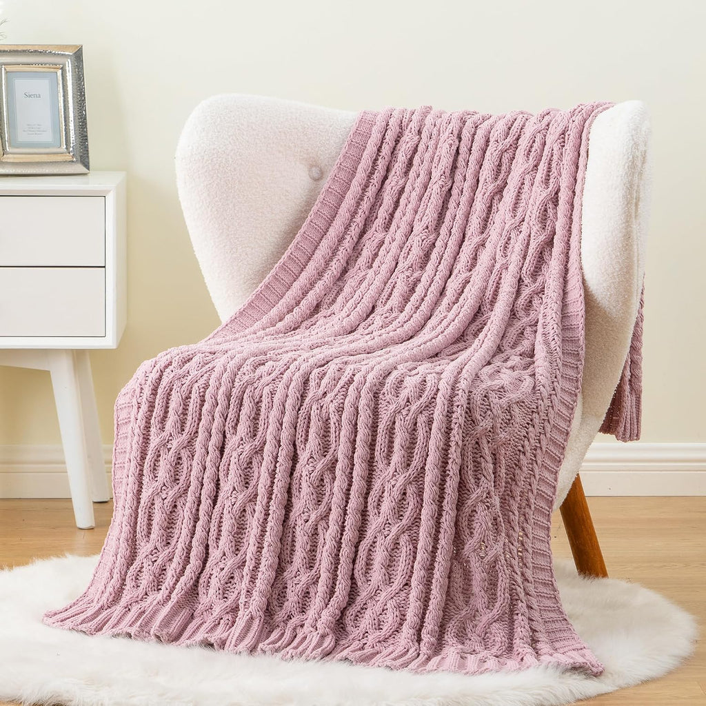Blush Cable Knit Chenille Throw Blanket 51"x67"