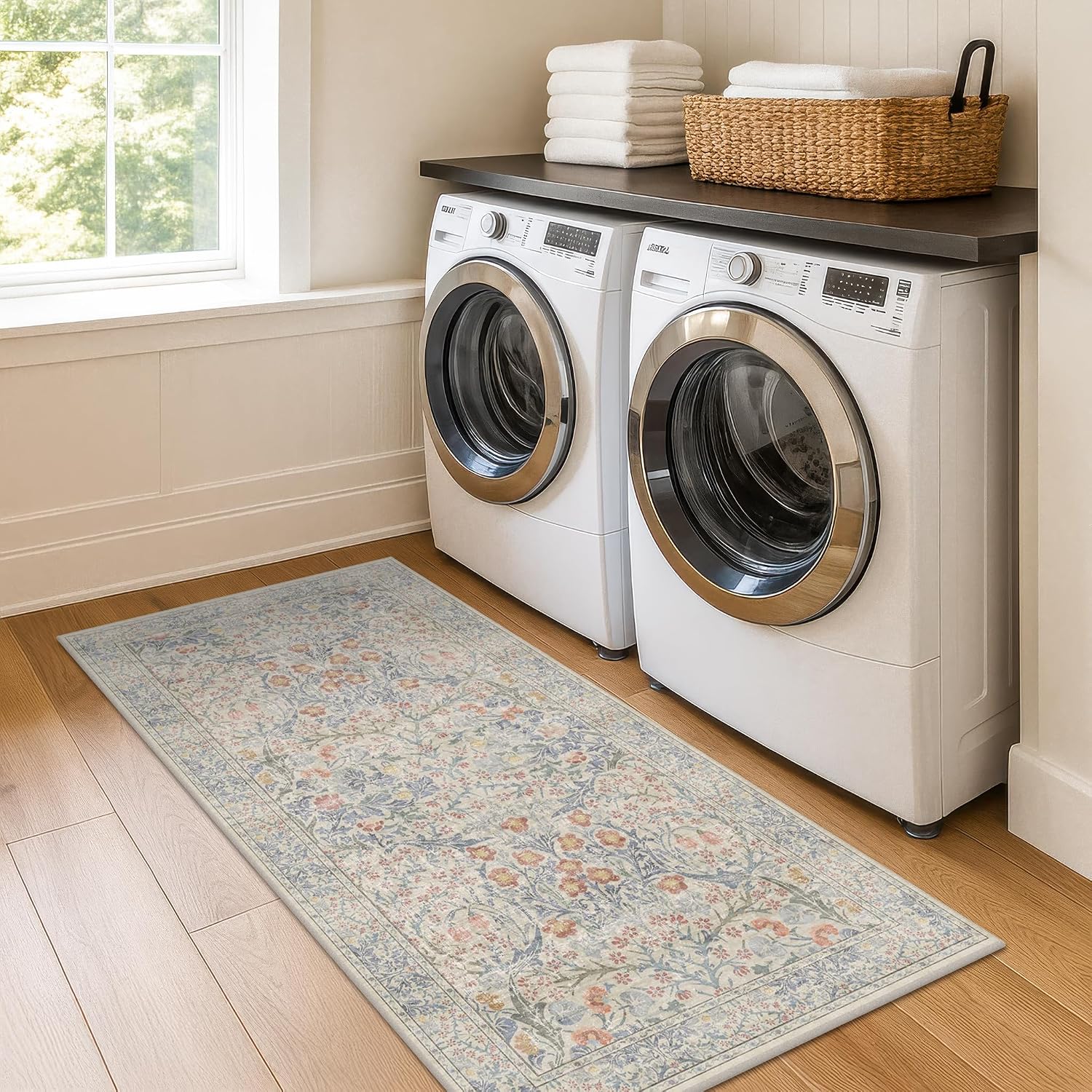 Beige Blue Vintage Washable Bath Runner Rug 2x5
