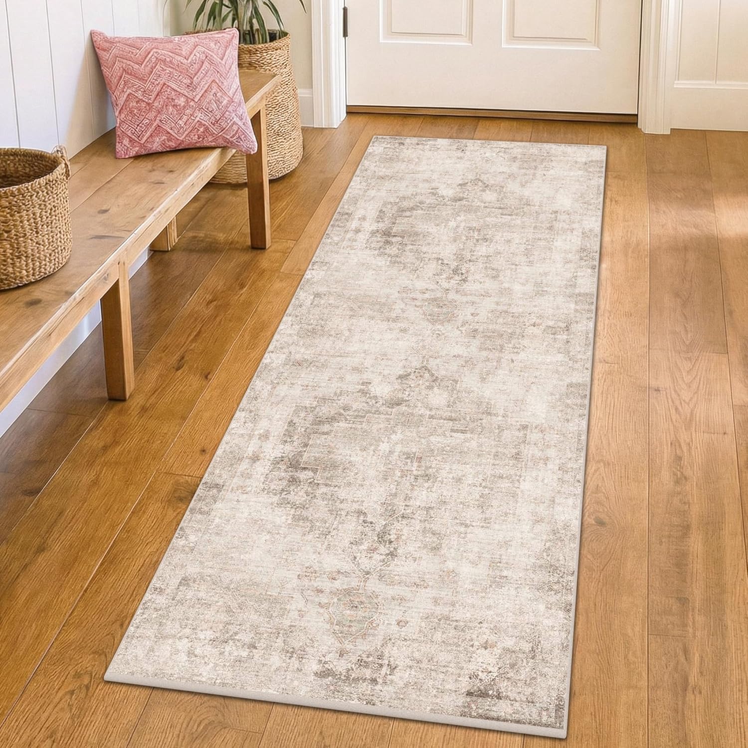 Beige Farmhouse Washable Runner Rug 2x6