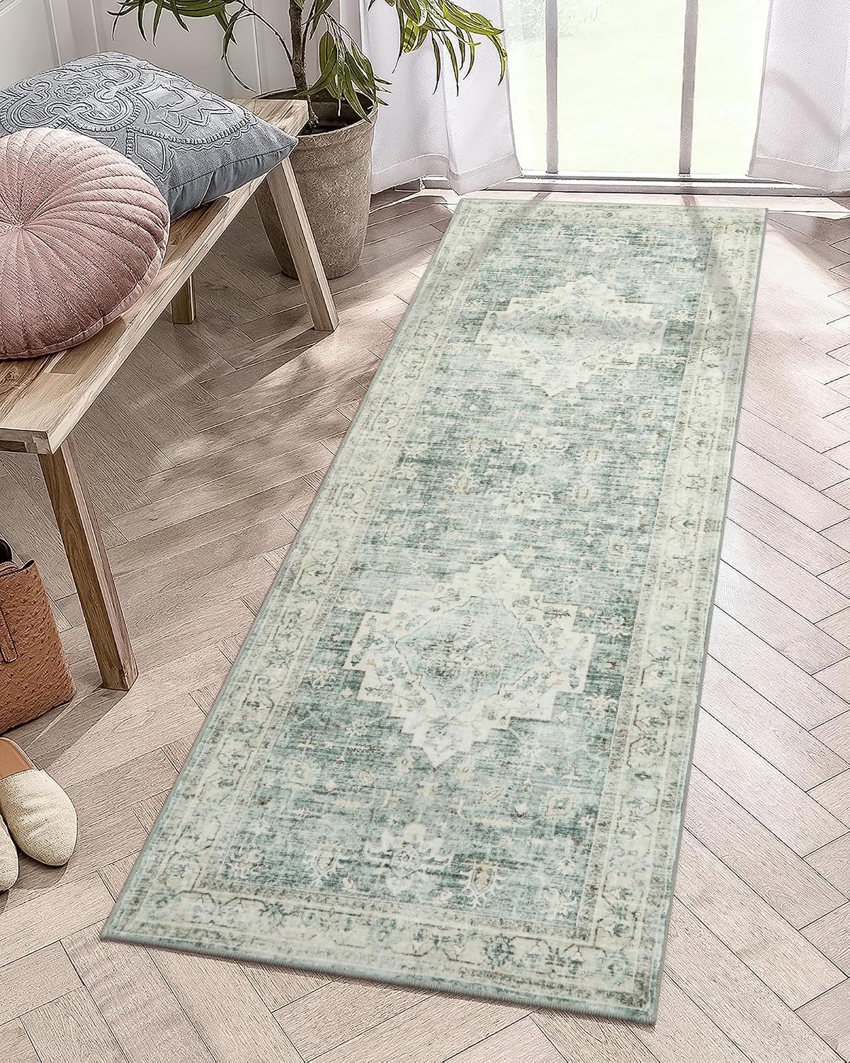 Sage Green Boho Washable Runner Rug 2x6
