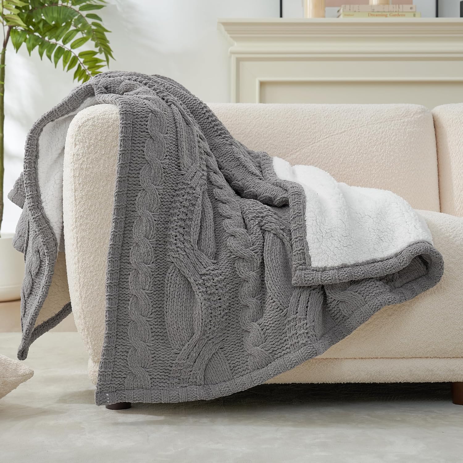 Gray Chenille Sherpa Cable Knit Throw Blanket 50"x60"