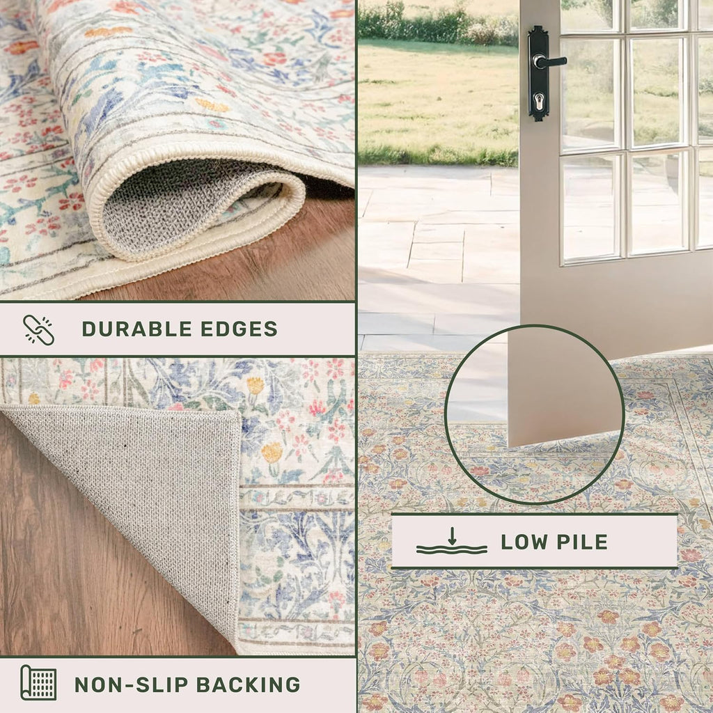 Beige Blue Vintage Washable Bath Runner Rug 2x5