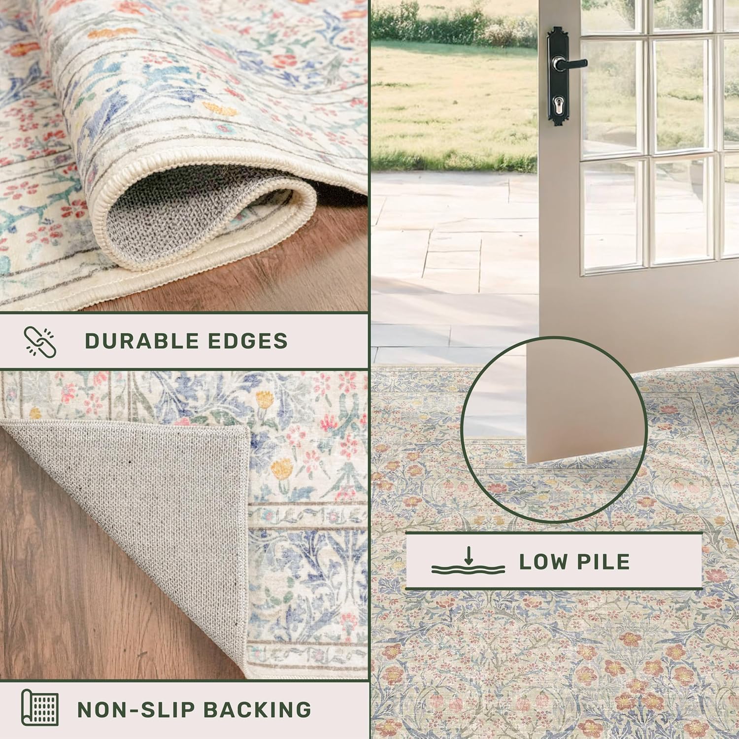 Beige Blue Vintage Washable Bath Runner Rug 2x5